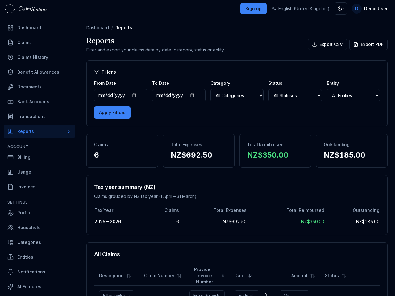 ClaimStation reports view